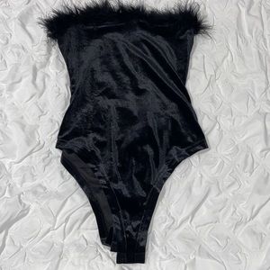 Shein Fuzzy Trim Velvet Tube Bodysuit